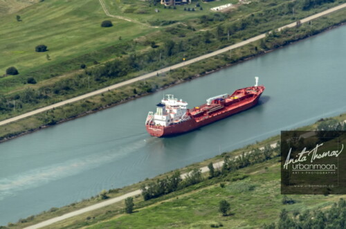 Aerial photography - A ship travels along the Welland Canal in Ontario.
(C)Anita Thomas All Rights Reserved. a ship travels along the welland canal in ontario