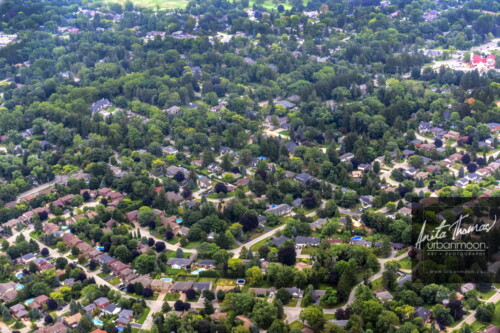 Aerial photography - The Oakhill neighbourhood in Ancaster with Terrence Park Dr at the bottom left and St. Ann's Parish at the top right. 
(C)Anita Thomas All Rights Reserved. aerial photo of oakhill ancaster