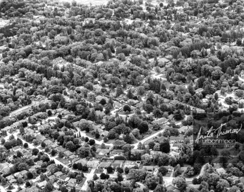 Aerial photography - The Oakhill neighbourhood in Ancaster with Terrence Park Dr at the bottom left and St. Ann's Parish at the top right. 
(C)Anita Thomas All Rights Reserved. aerial photo of oakhill ancaster