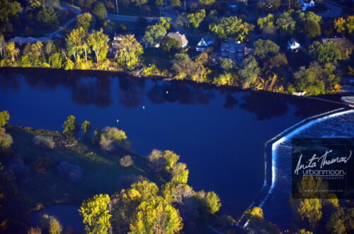Aerial photography - The Grand River is dead still, reflecting the trees as if in a mirror.
(C)Anita Thomas All Rights Reserved. aerial photography of brantford ontario