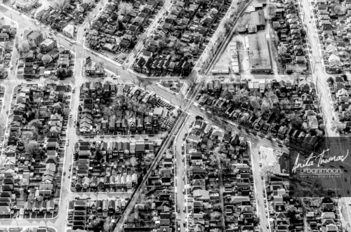 Aerial photography -  King E/Gage Hamilton BW (King Street East, Hamilton)
(C)Anita Thomas All Rights Reserved. aerial photography of king street east