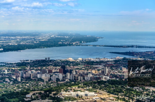 Aerial photography - The City of Hamilton sits on the edge of Lake Ontario in Ontario, Canada. Burlington is just the other side of the bay, Toronto can be seen in the distance.
(C)Anita Thomas All Rights Reserved. aerial photography of the city of hamilton
