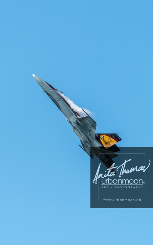 Aviation photography - Captain Ryan Kean pilots the CF-18 Hornet at the Brantford Rotary airshow. The 2016 paint theme celebrates the 75th anniversary of the British Commonwealth Air Training Plan.
© Anita Thomas - Urbanmoon. All Rights Reserved. cf hornet