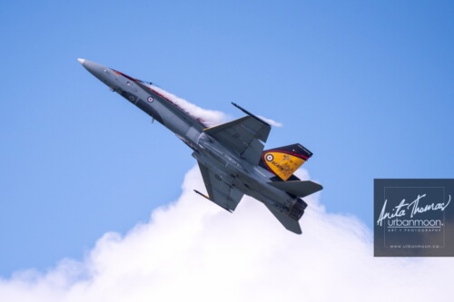 Aviation photography - Captain Ryan Kean pilots the CF-18 Hornet at the Brantford Rotary airshow. The 2016 paint theme celebrates the 75th anniversary of the British Commonwealth Air Training Plan.
© Anita Thomas - Urbanmoon. All Rights Reserved. cf hornet