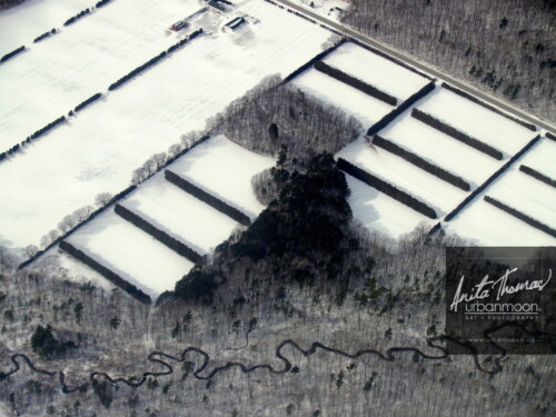 Aerial photography - A winding river snakes through a forest in contrast to the tidy, hedged-divided lots of rural farmland.
(C)Anita Thomas All Rights Reserved. field compartments in winter