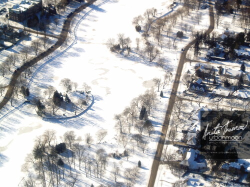 Aerial photography - A frozen Lake Victoria in Stratford, Ontario, Canada in winter.
(C)Anita Thomas All Rights Reserved. lake victoria in stratford