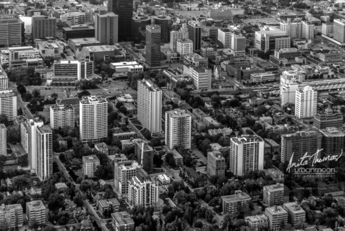Aerial photography - Downtown Hamilton, looking north toward City Hall on the left. Hunter Go Station and the train are on the right.
© Anita Thomas - Urbanmoon. All Rights Reserved. aerial photography of downtown hamilton