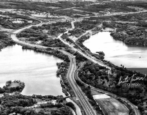 Aerial photography - Nature in the city. Highway 403 passing through Cootes Paradise in Hamilton, Ontario.
© Anita Thomas - Urbanmoon. All Rights Reserved. aerial photography of highway and cootes paradise